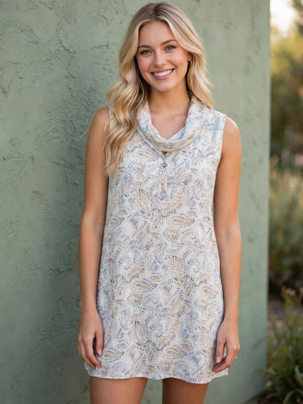 Rachel Ashwell Linen Tunic Top 1X Paisley Sleeveless Cowl